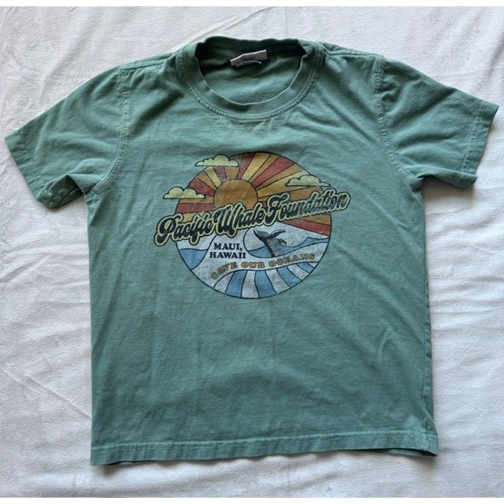 Techstyles Kids XS Pacific Whale Foundation Maui Hawaii Graphic Tee Green Cotton